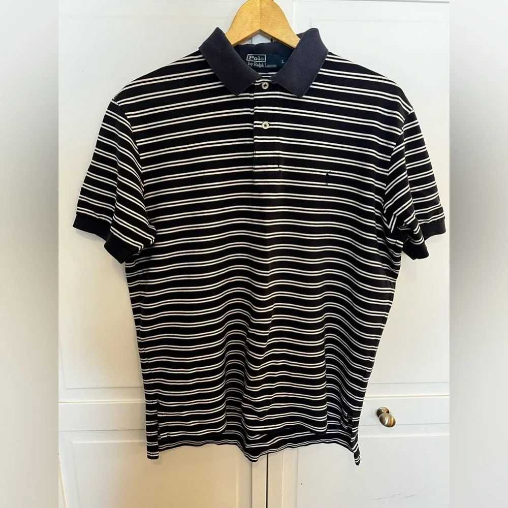 Polo Ralph Lauren Shirt Men's Large Striped Golf Polo Short Sleeves Blue White